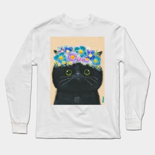 Black Cat With Flower Crown Long Sleeve T-Shirt